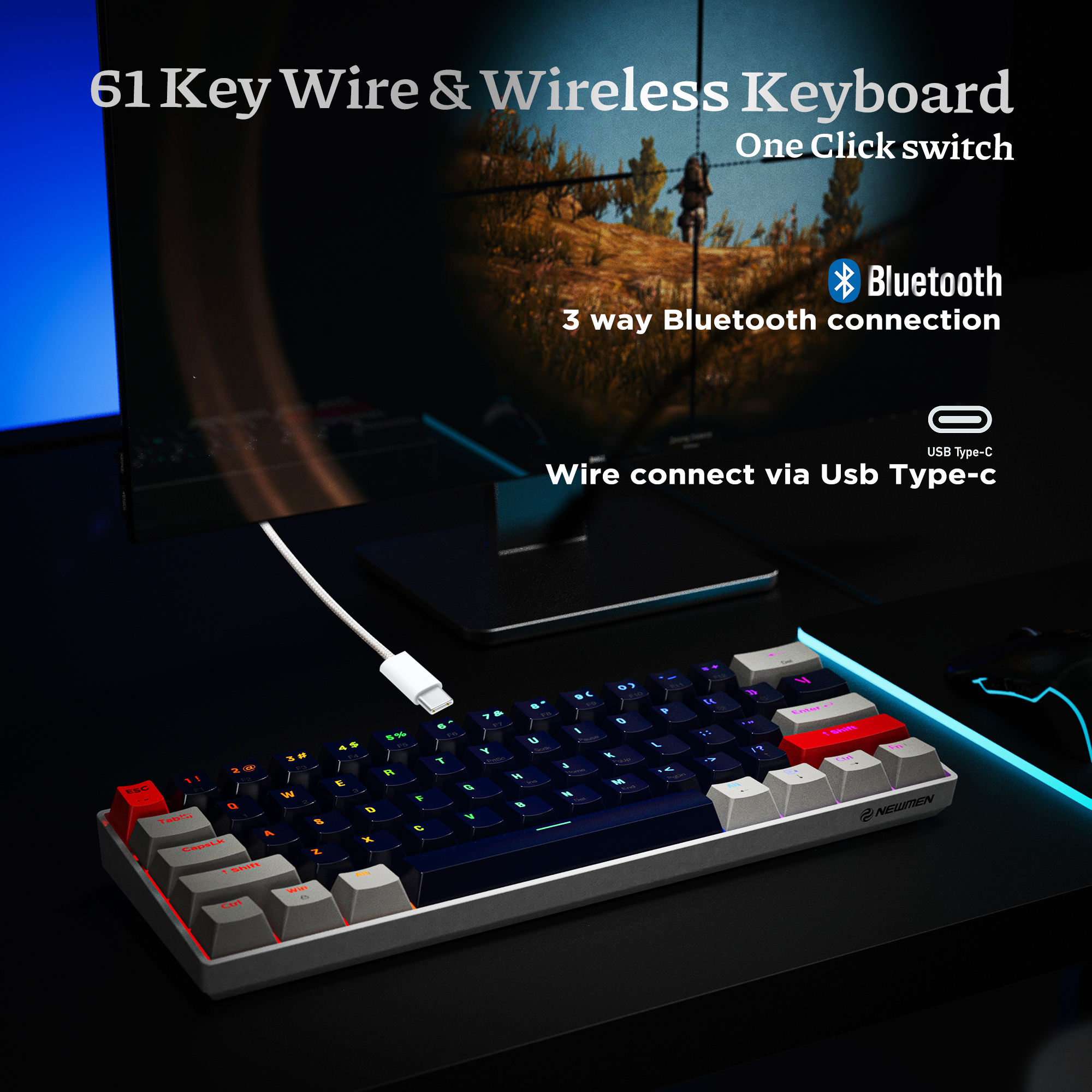 Newmen GM610 60% Mechanical Keyboard,Type-C/Bluetooth Keyboard with RGB  Backlit, Hot-Swappable 61 Keys Compact Mechanical Keyboard for Mac/PC  Gamer